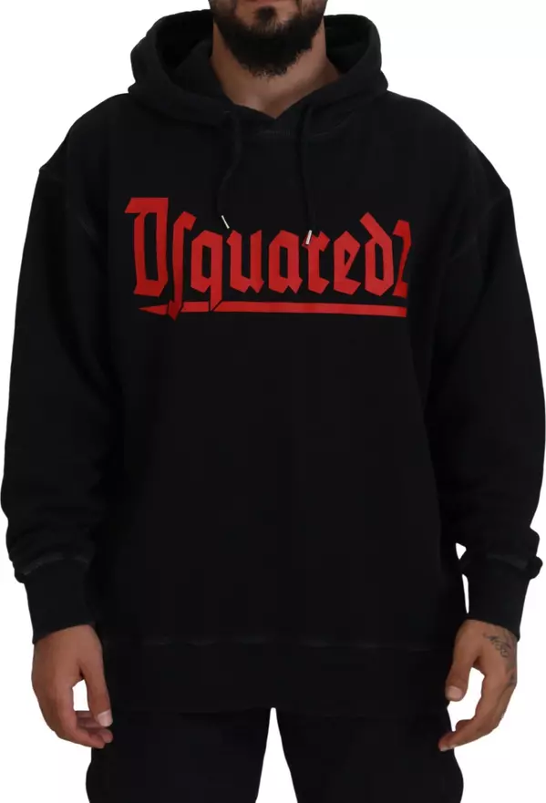 Black Cotton Hooded Printed Men Pullover Sweater