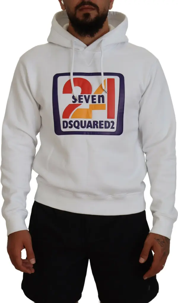 White Cotton Hooded Printed Men Pullover Sweater