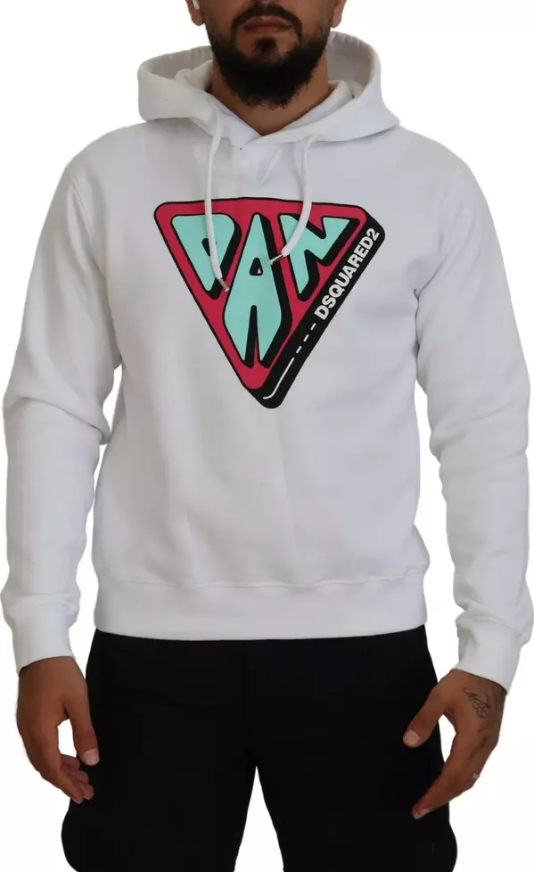 White Cotton Hooded Printed Pullover Sweater