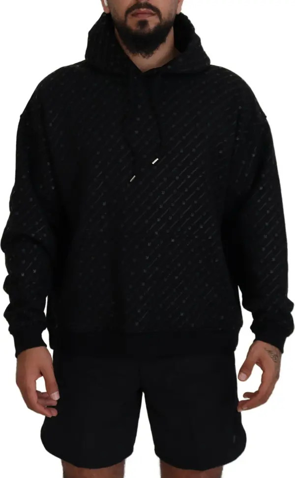 Black Cotton Hooded Printed Men Pullover Sweater