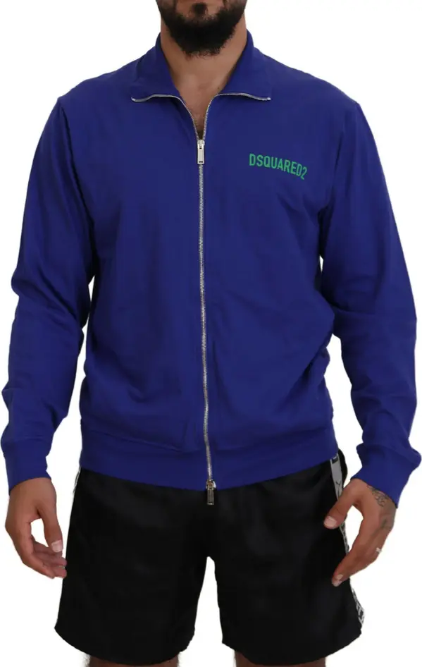 Blue Cotton Printed Collared Men Full Zip Sweater