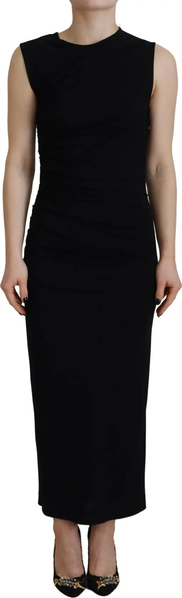 Black Viscose Sleeveless Ruched Maxi Dress