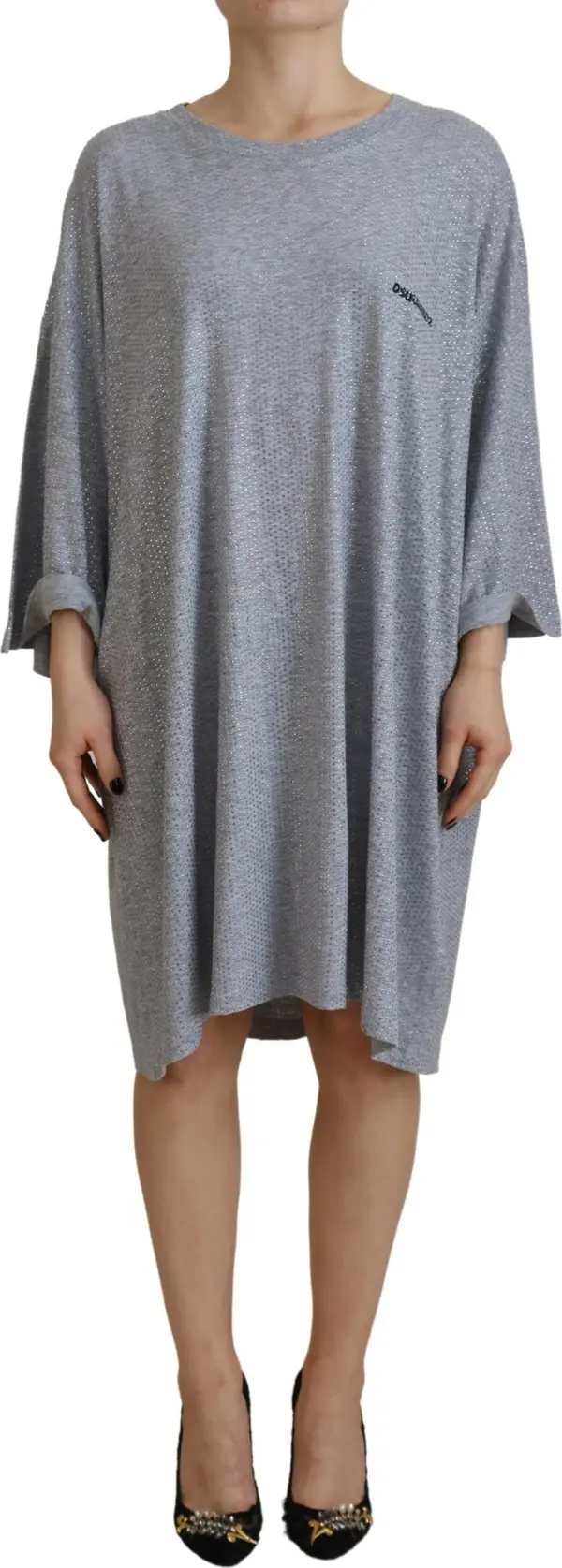 Gray Crystal Embellished Cotton Long Sleeves Dress