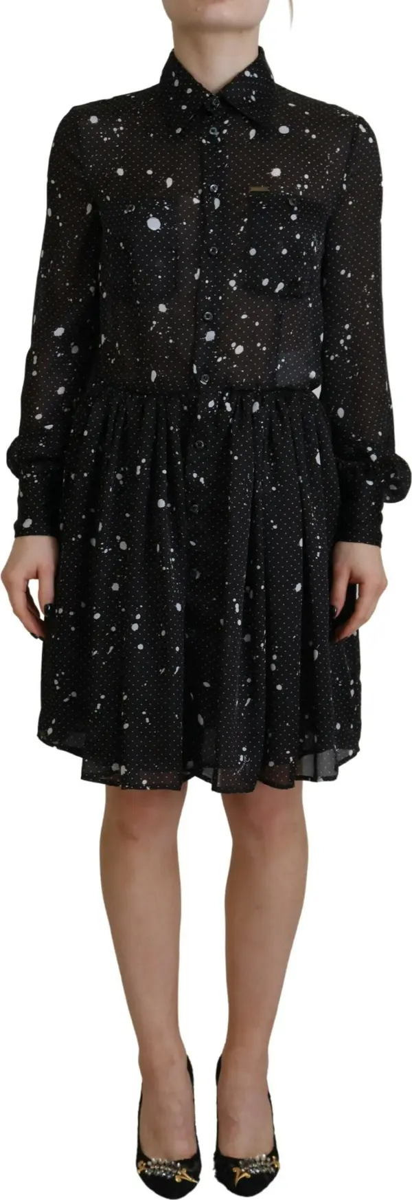 Black Polka Dot Long Sleeves Button Down Dress