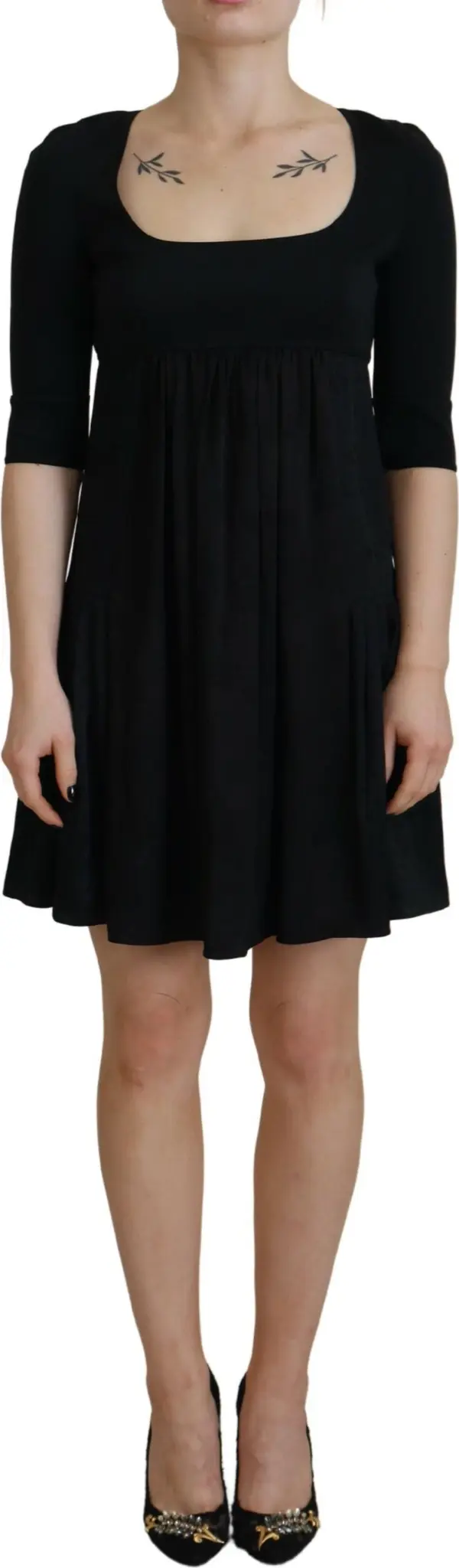 Black Acetate Short Sleeves A-line Sheath Dress