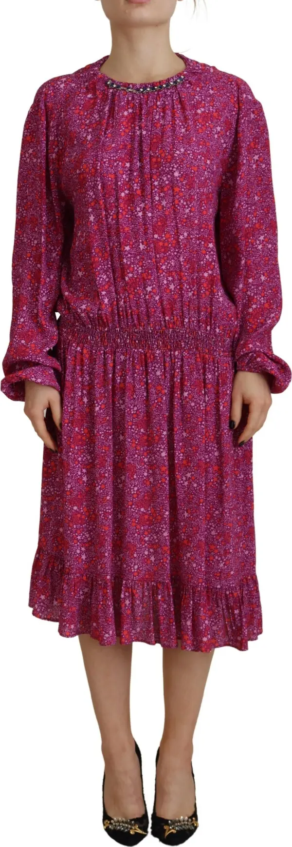 Fuchsia Stars Embellished Long Sleeves Dress