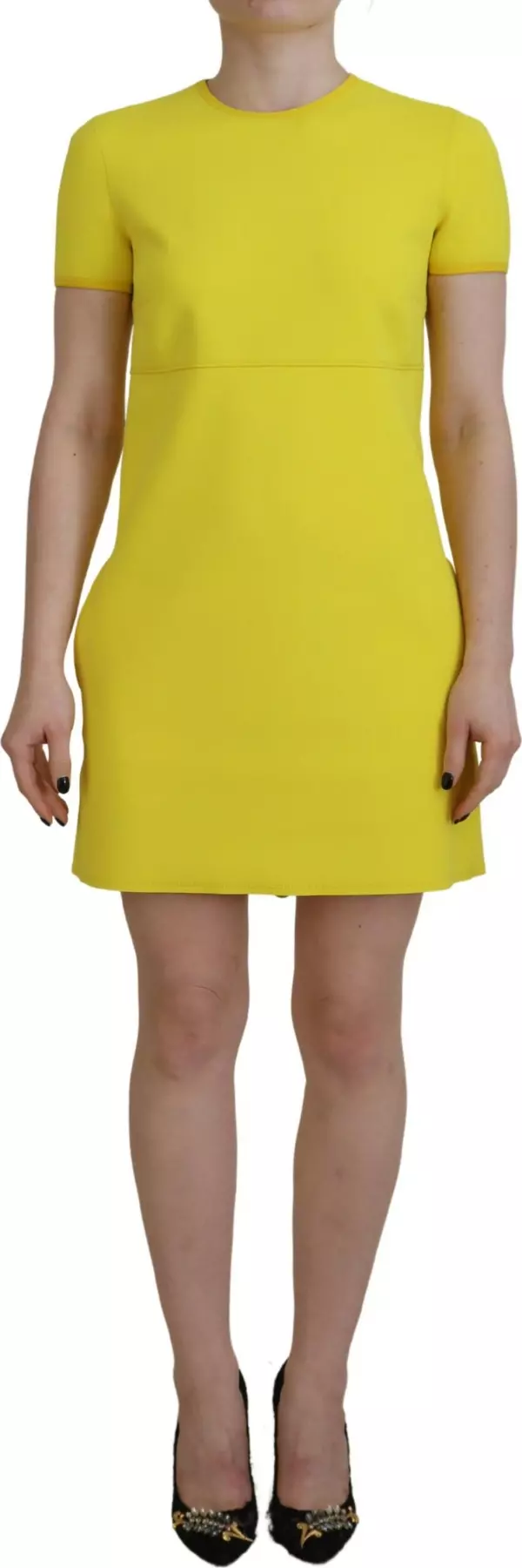 Yellow Nylon Short Sleeves Round Neck Mini Dress
