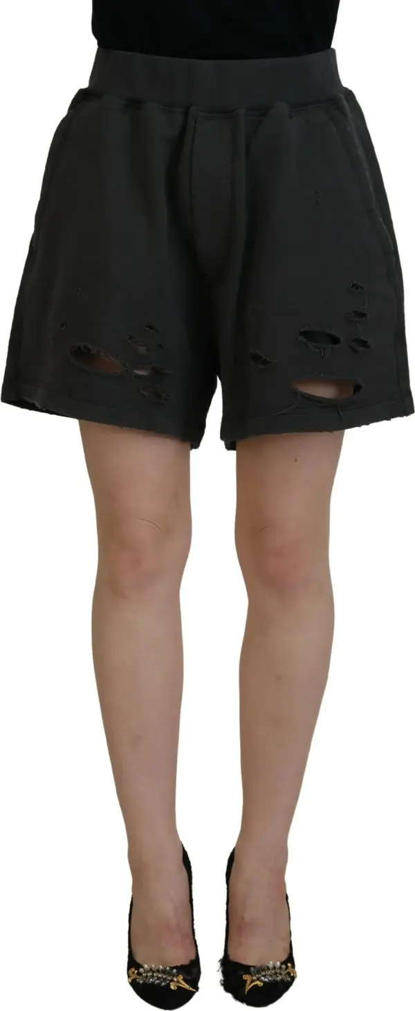 Black Cotton Mid Waist Tattered Tapered Shorts