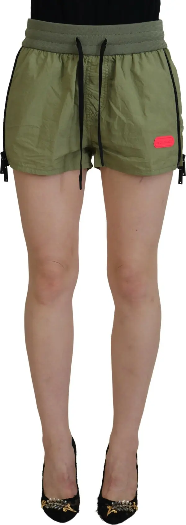 Green Cotton Mid Waist Drawstring Tapered Shorts