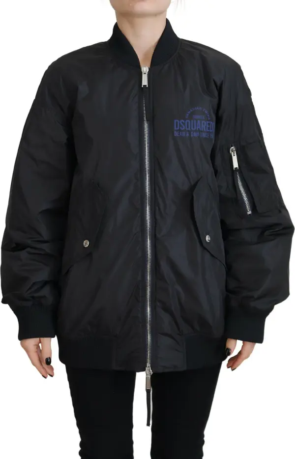Black Logo Print Full Zip Women Bomber Jacket