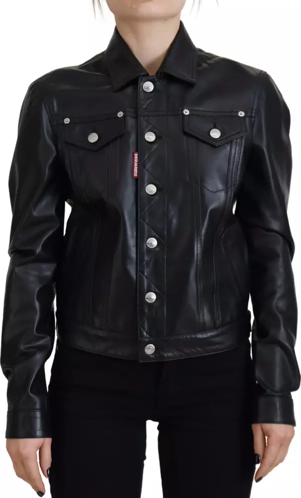 Black Leather Collared Long Sleeves Jacket