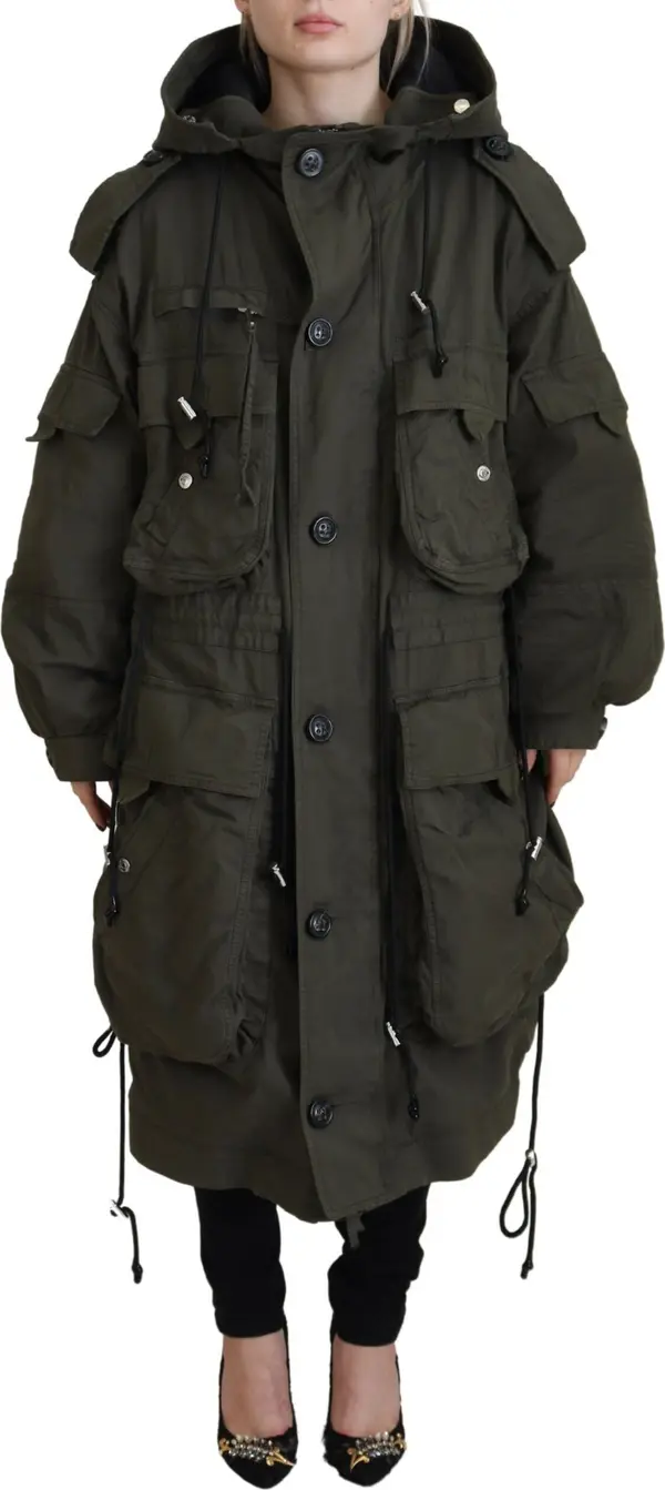 Green Hooded Full Zip Long Parka Coat Jacket