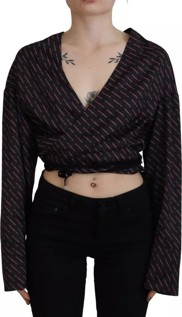 Black Polyester Cropped Logo Printed Blouse Top