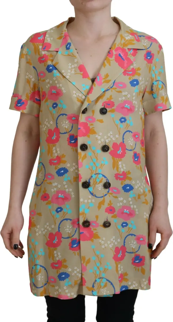 Multicolor Printed Collared Button Front Long Blouse Top