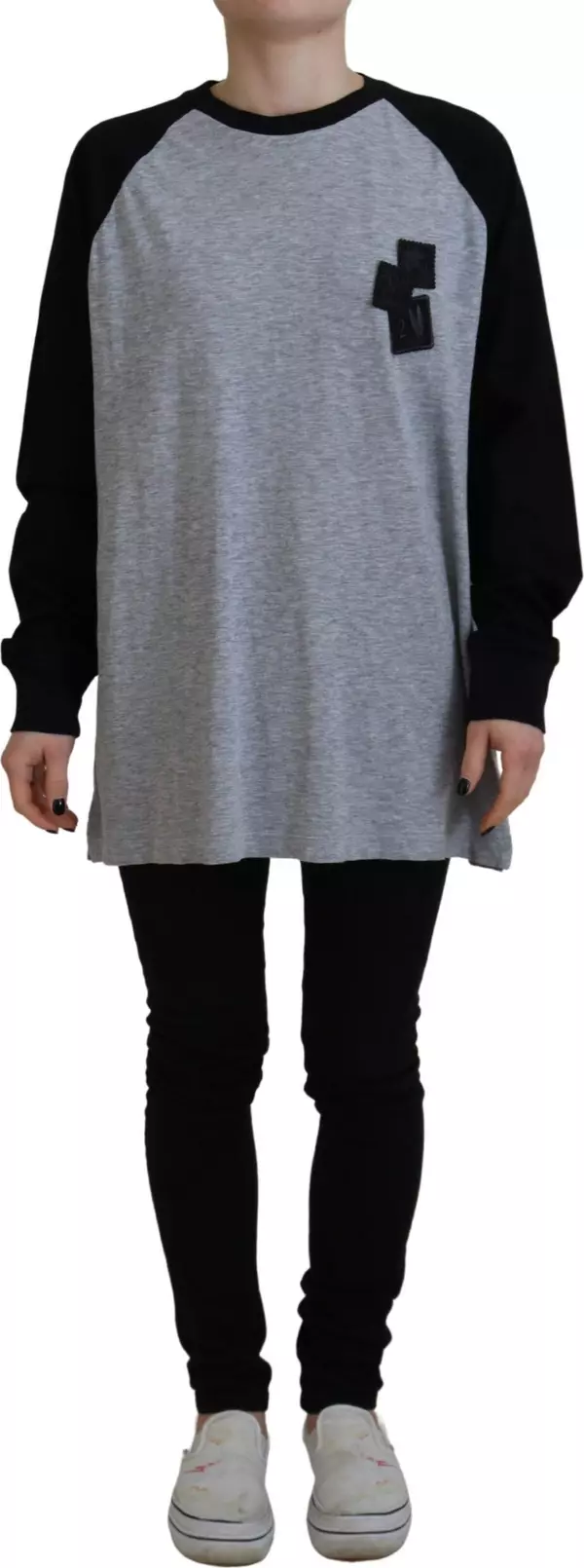Black Gray Cotton Raglan Long Sleeves Casual Top