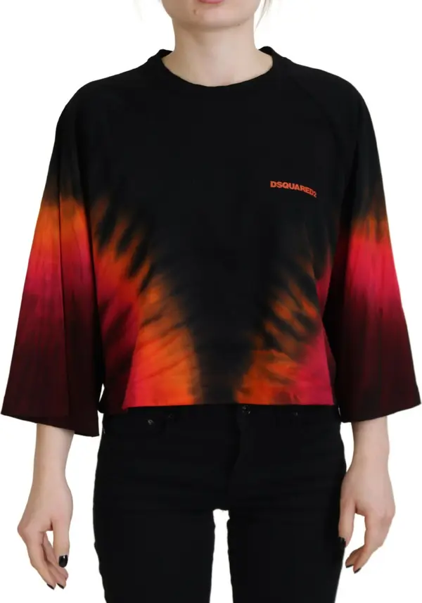 Black Cotton Tie Dye Crew Neck Casual Top