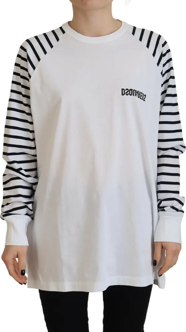 White Cotton Striped Crew Neck Short Sleeve Sweater