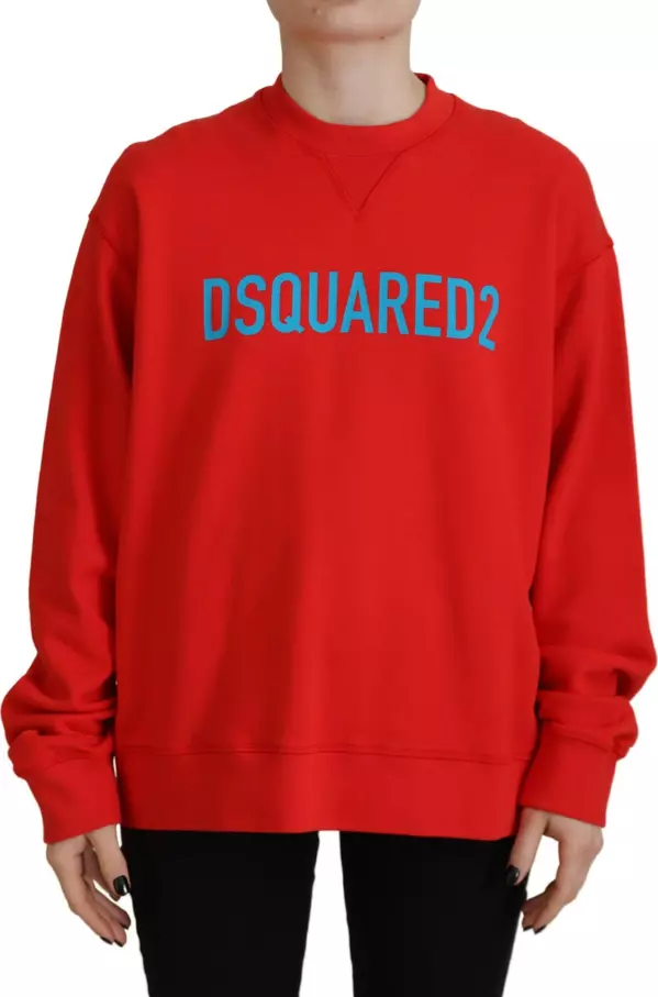 Red Cotton Printed Crew Neck Long Sleeve Sweater
