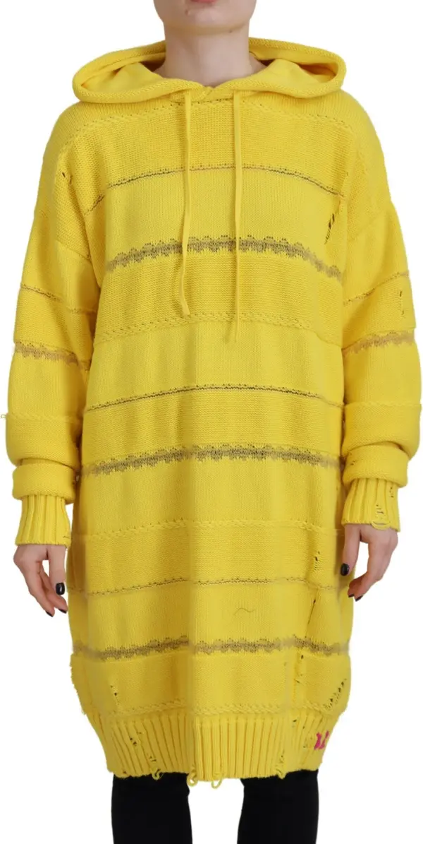 Yellow Cotton Knitted Hooded Pullover Sweater