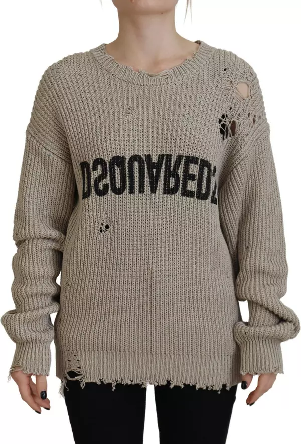 Beige Cotton Knitted Crewneck Pullover Sweater