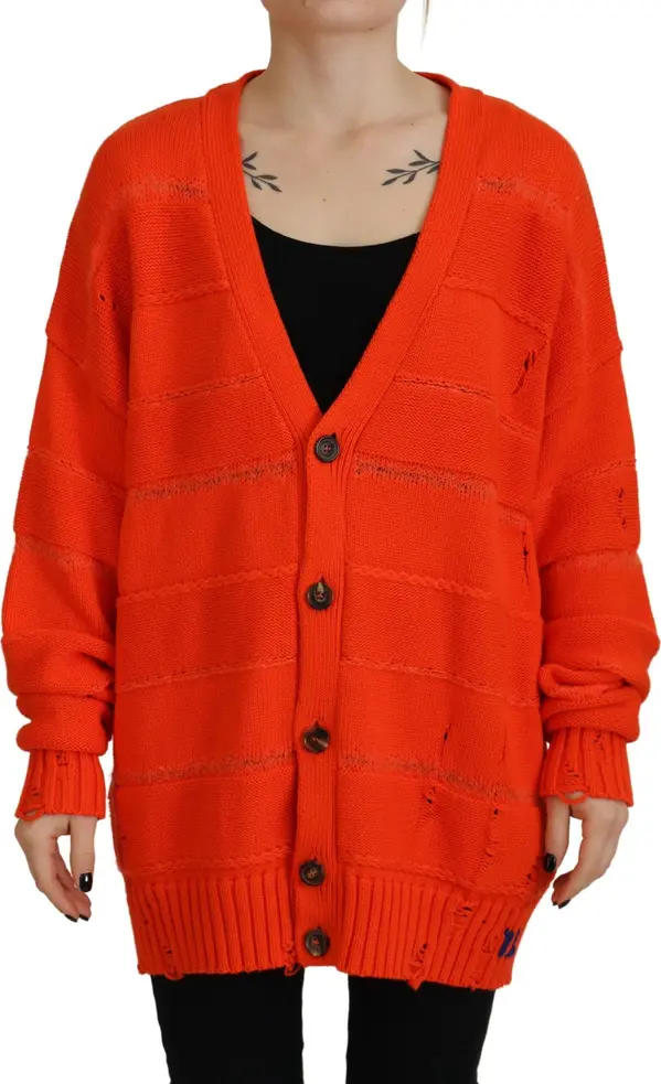 Orange Cotton Knitted Buttoned Cardigan Sweater