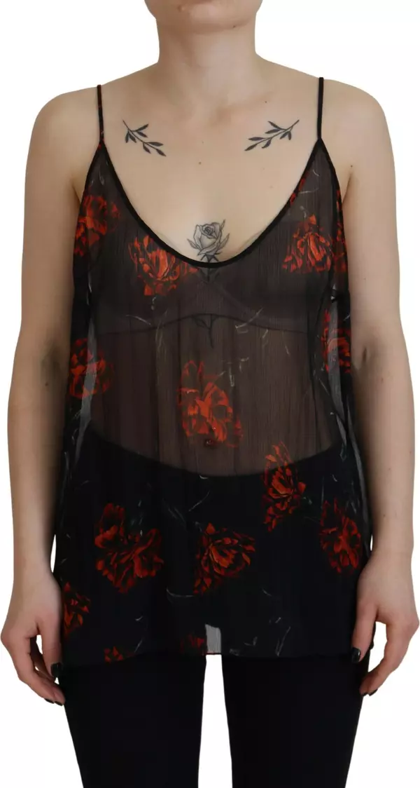 Black Floral Print Spaghetti Strap Tank Blouse Top