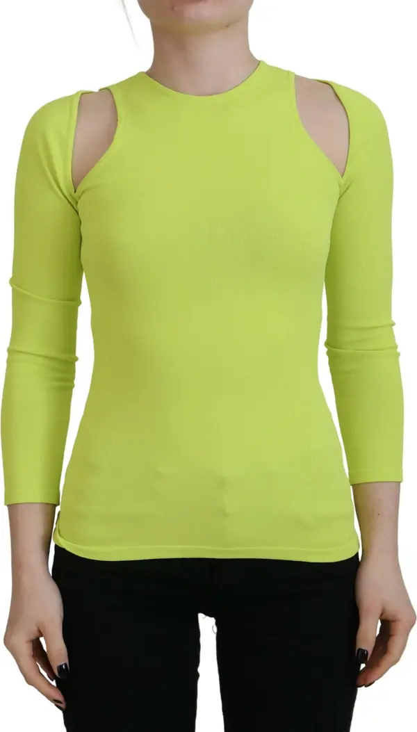 Yellow Green Viscose Open Shoulder Long Sleeves Top