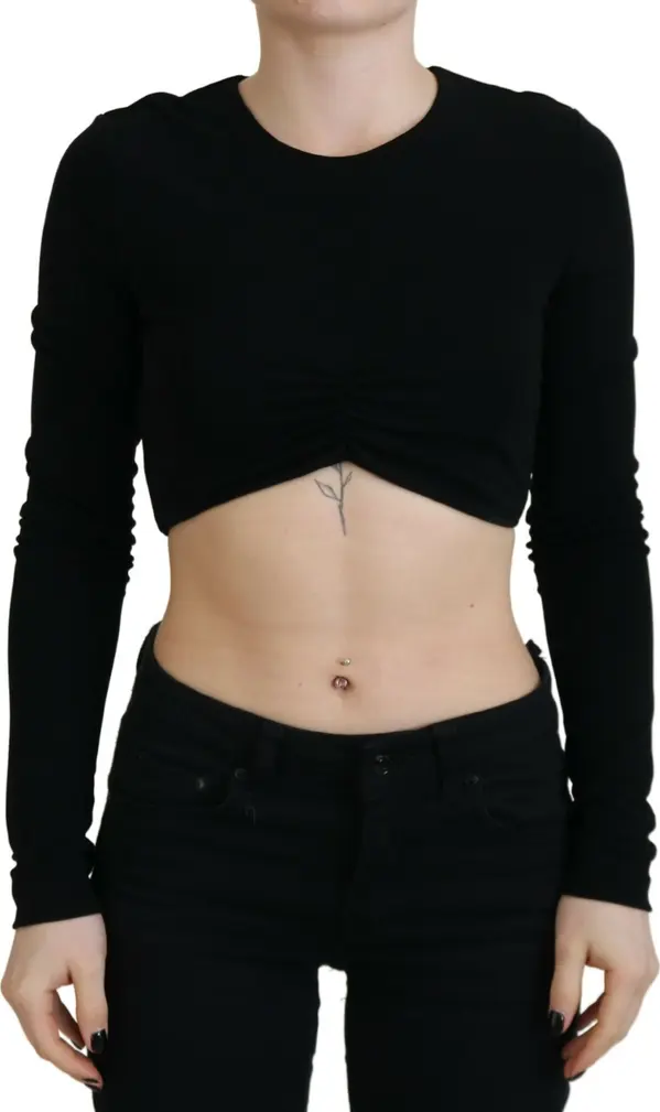 Black Viscose Cropped Round Neck Long Sleeves Top