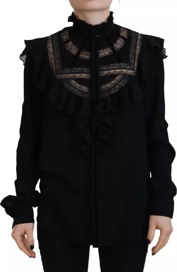 Black Lace Trim Turtle Neck Long Sleeves Top