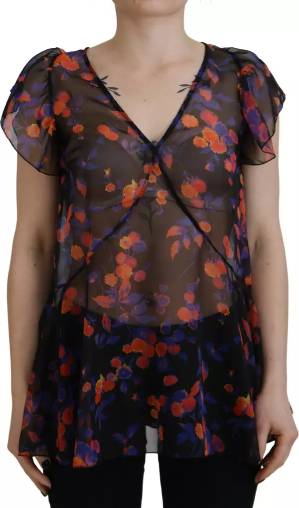 Black Floral Print Short Sleeves V-neck Blouse Top