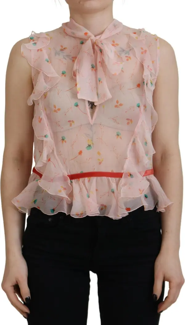 Pink Floral Print Silk Sleeveless Ascot Collar Top