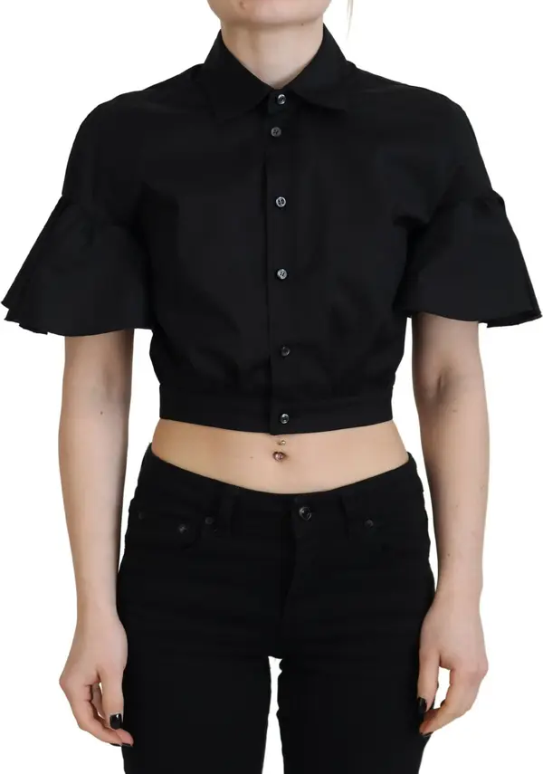 Black Collared Button Down Short Sleeve Cropped Top