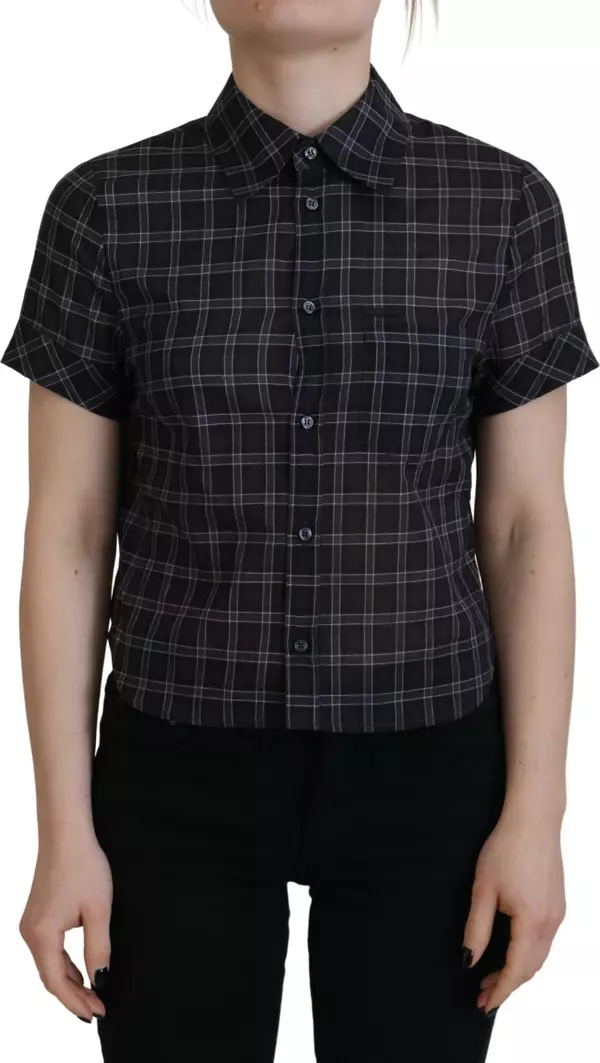 Black Checkered Collared Button Short Sleeves Top