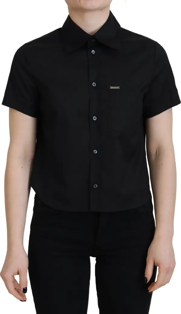Black Collared Button Down Short Sleeves Polo Top