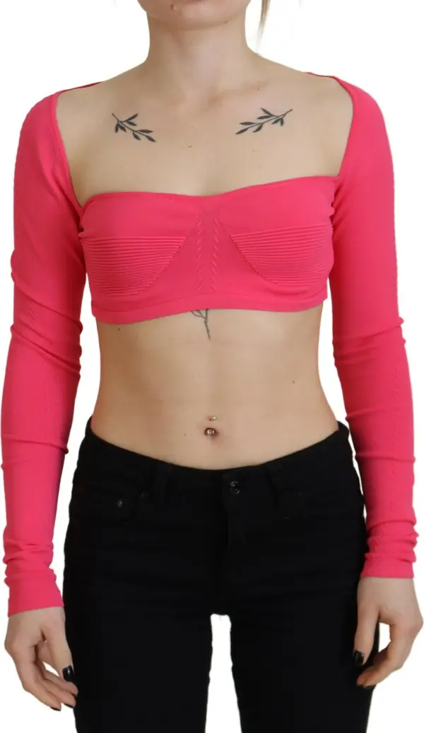 Pink Viscose Knit Square Neck Long Sleeves Top