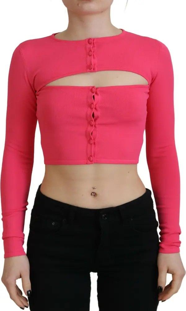 Pink Viscose Knit Open Chest Long Sleeves Top