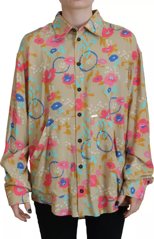 Beige Floral Collared Button Down Long Sleeves Shirt