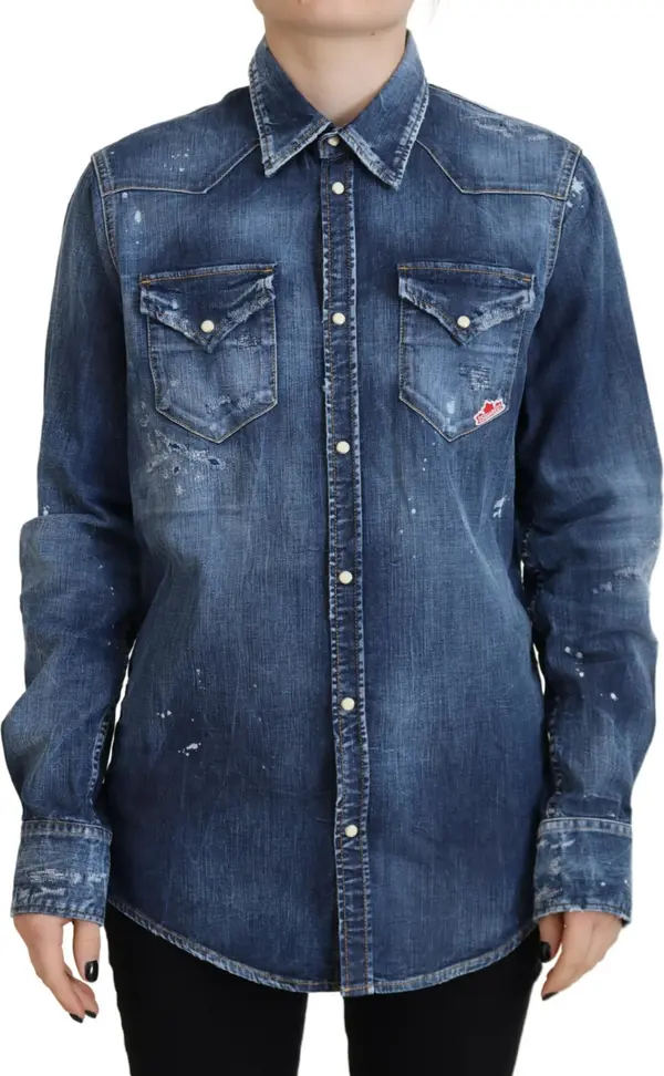 Blue Washed Cotton Button Down Collared Denim Shirt