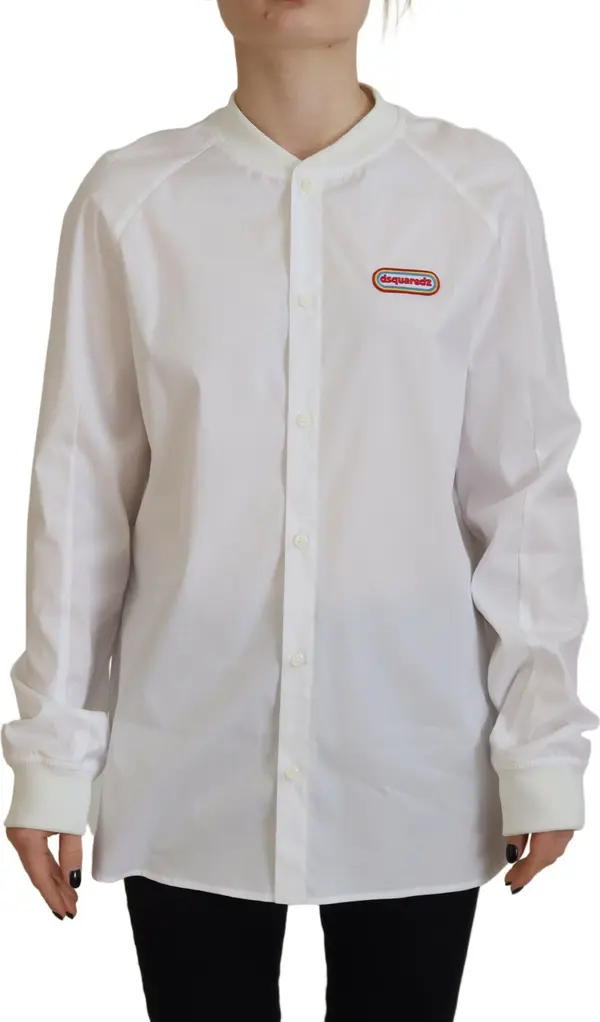 White Cotton Button Down Long Sleeves Crewneck Top