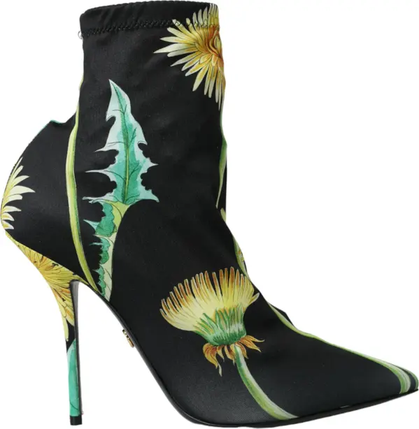 Black Floral Jersey Stretch Ankle Boots Shoes