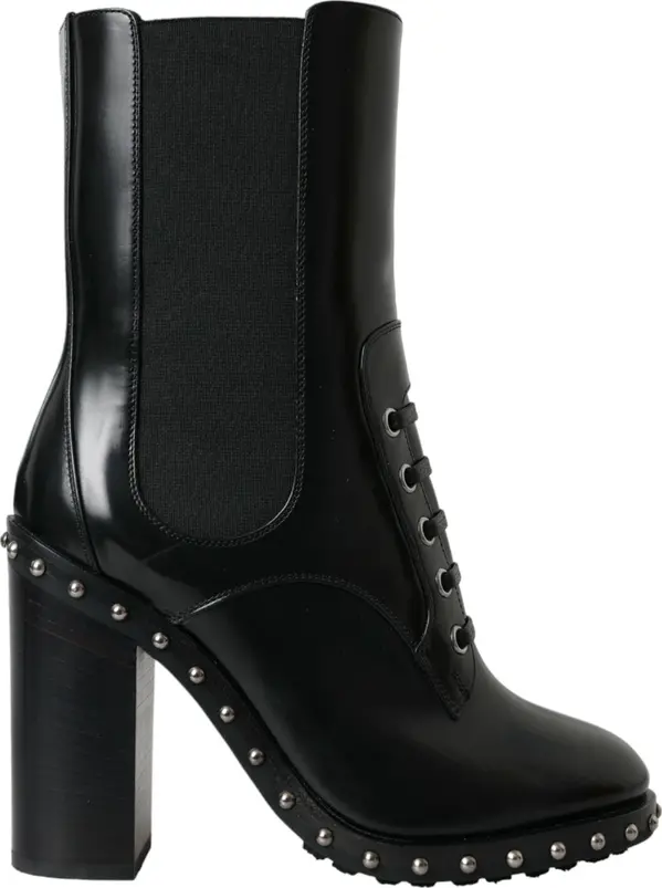 Black Leather Studded Lace Up Boots Shoes