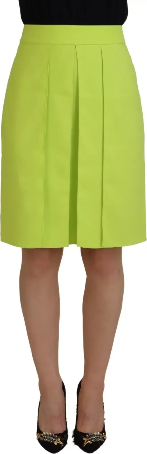 Green High Waist Pleated A-line Knee Length Skirt