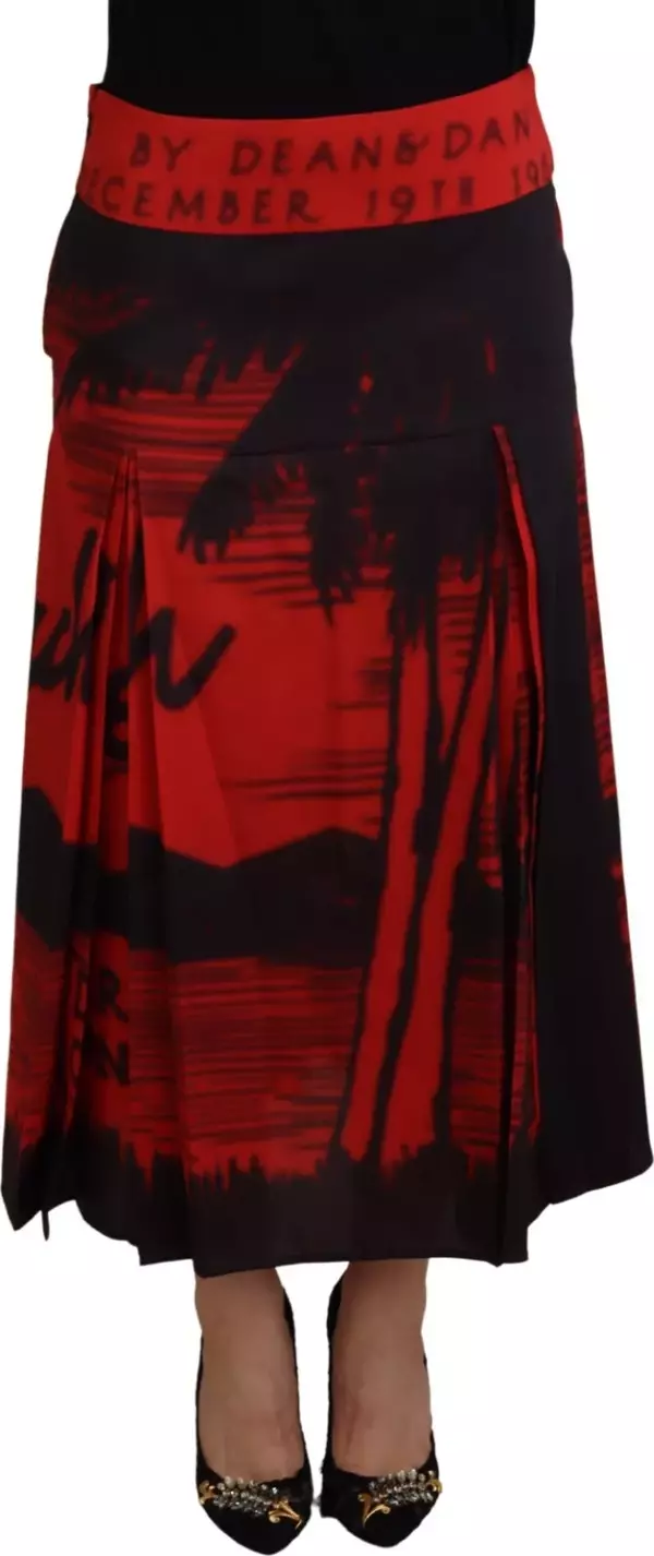 Red Printed High Waist A-line Pleated Midi Skirt