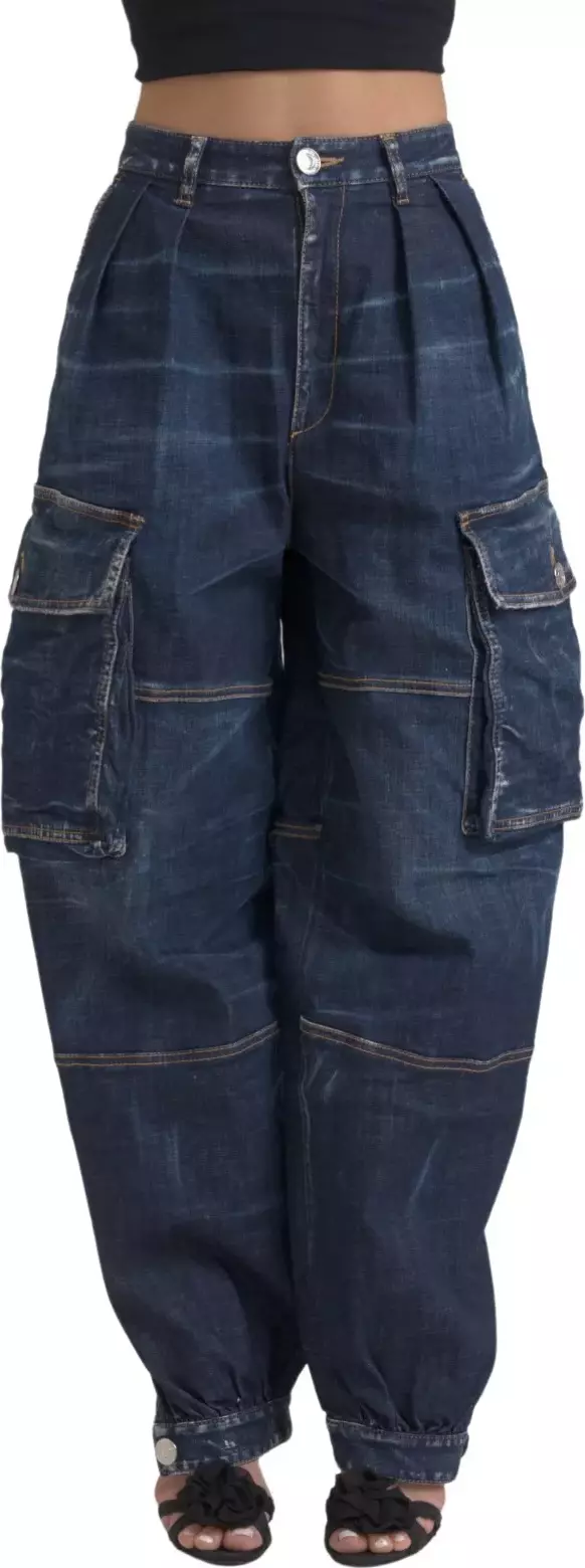 Blue High Waist Cotton Cargo Baggy Denim Jeans