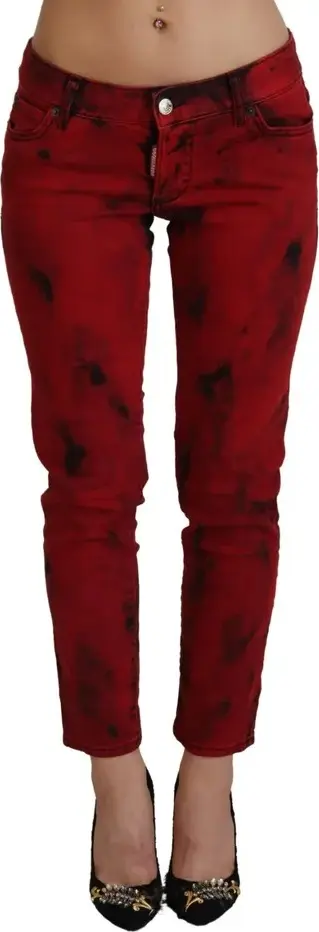 Red Low Waist Cotton Stretch Skinny Pants