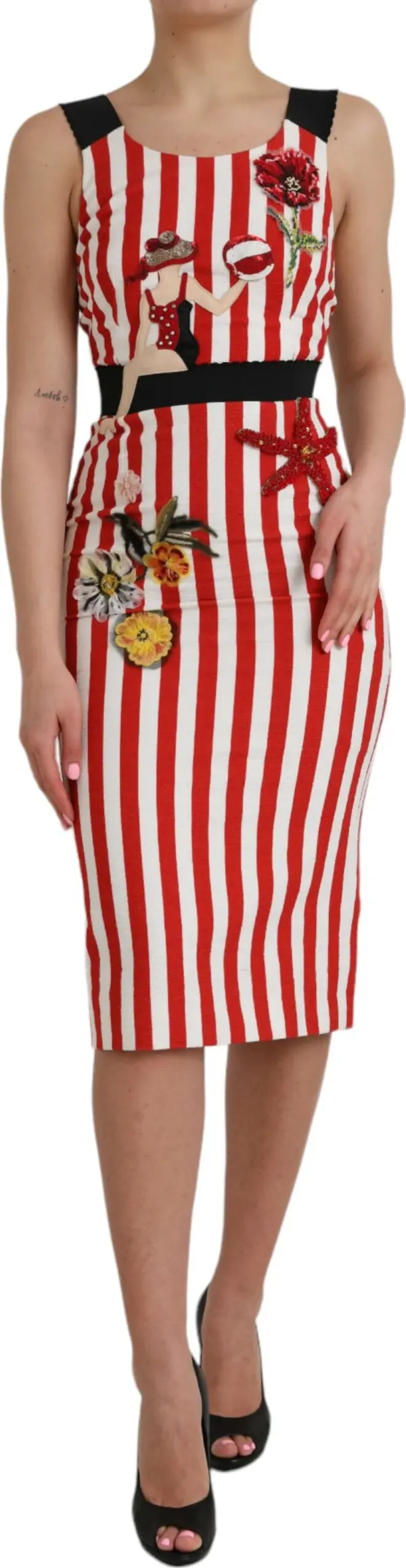 Red White Floral Sleeveless Sheath Midi Dress