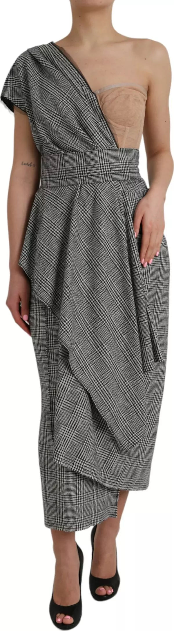 Gray Beige Layered One Shoulder Maxi Dress