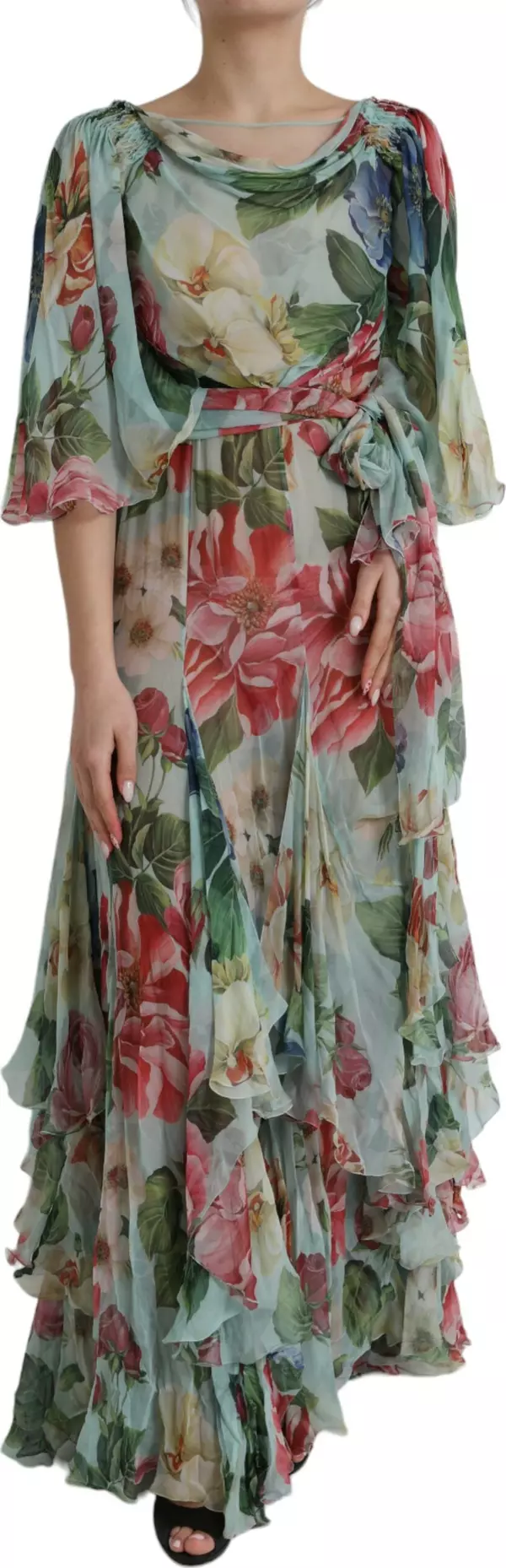Blue Floral Print Tiered Long Maxi Dress