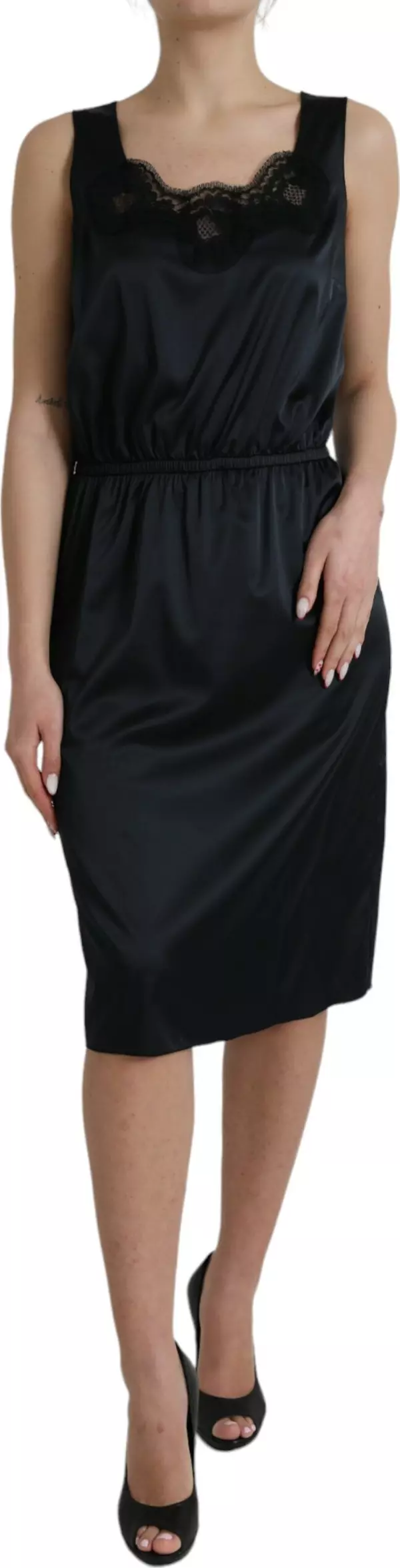 Black Polyester Lace Trim Sheath Midi Dress