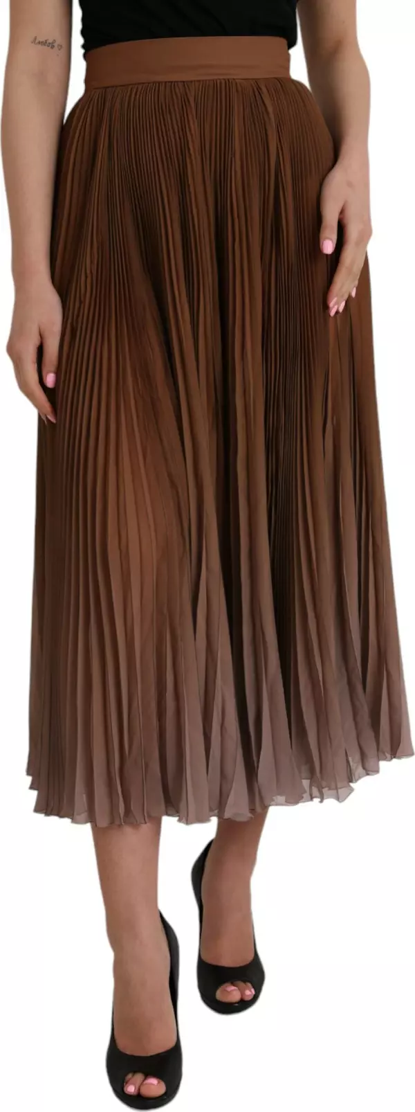Brown Polyester Pleated High Waist Midi Skirt